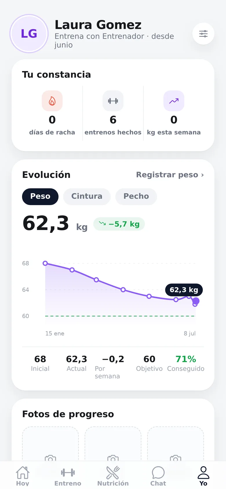 App del cliente: historial de entrenamientos y gráfica de evolución. Datos de demostración.