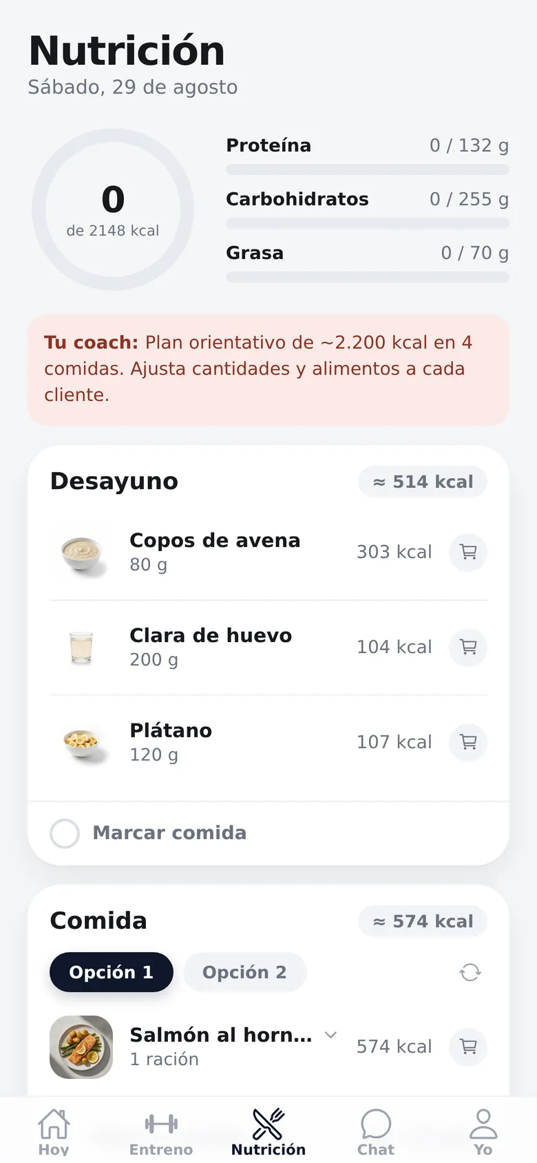 App del cliente: comidas con cantidades, fotografías, macros y alternativas para elegir.